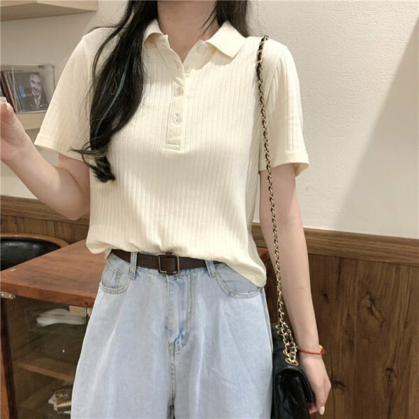 Women’s Ribbed Knit Short Sleeve Spread Collar Button Up Polo Top