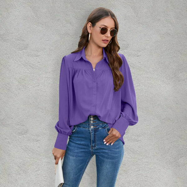 Women’s Solid Color Loose Fit Collared Button Down Blouse With Pleated Hem And Puffed Sleeves
