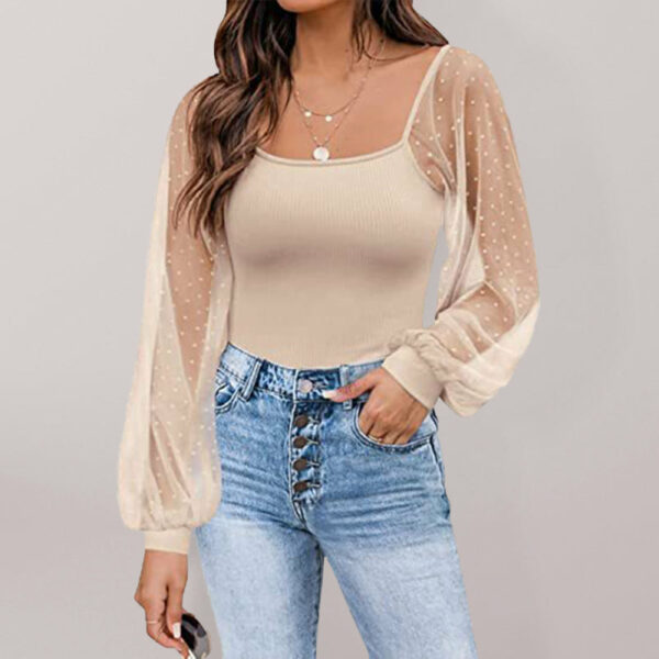 Women’s Solid Color Polka Dot Lace Sleeve Top