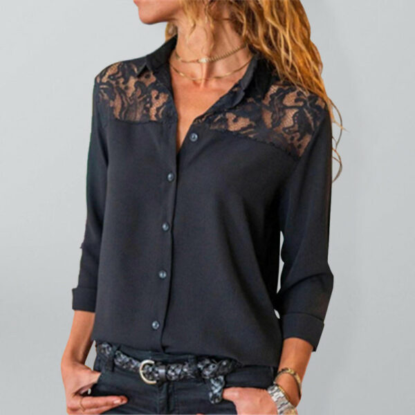 Women's Solid Color Long Sleeve Top With Lace Sleeves And Yoke Shirt