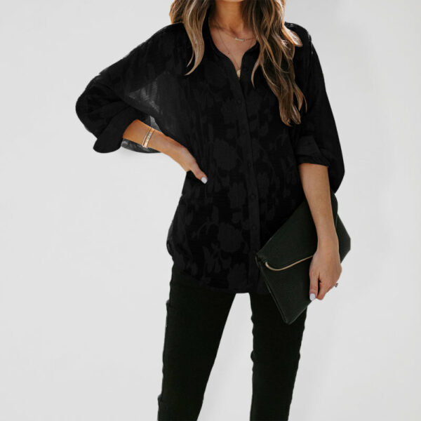 Women's Solid Color Mesh Sheer Lace Floral Print Button Front Shirt